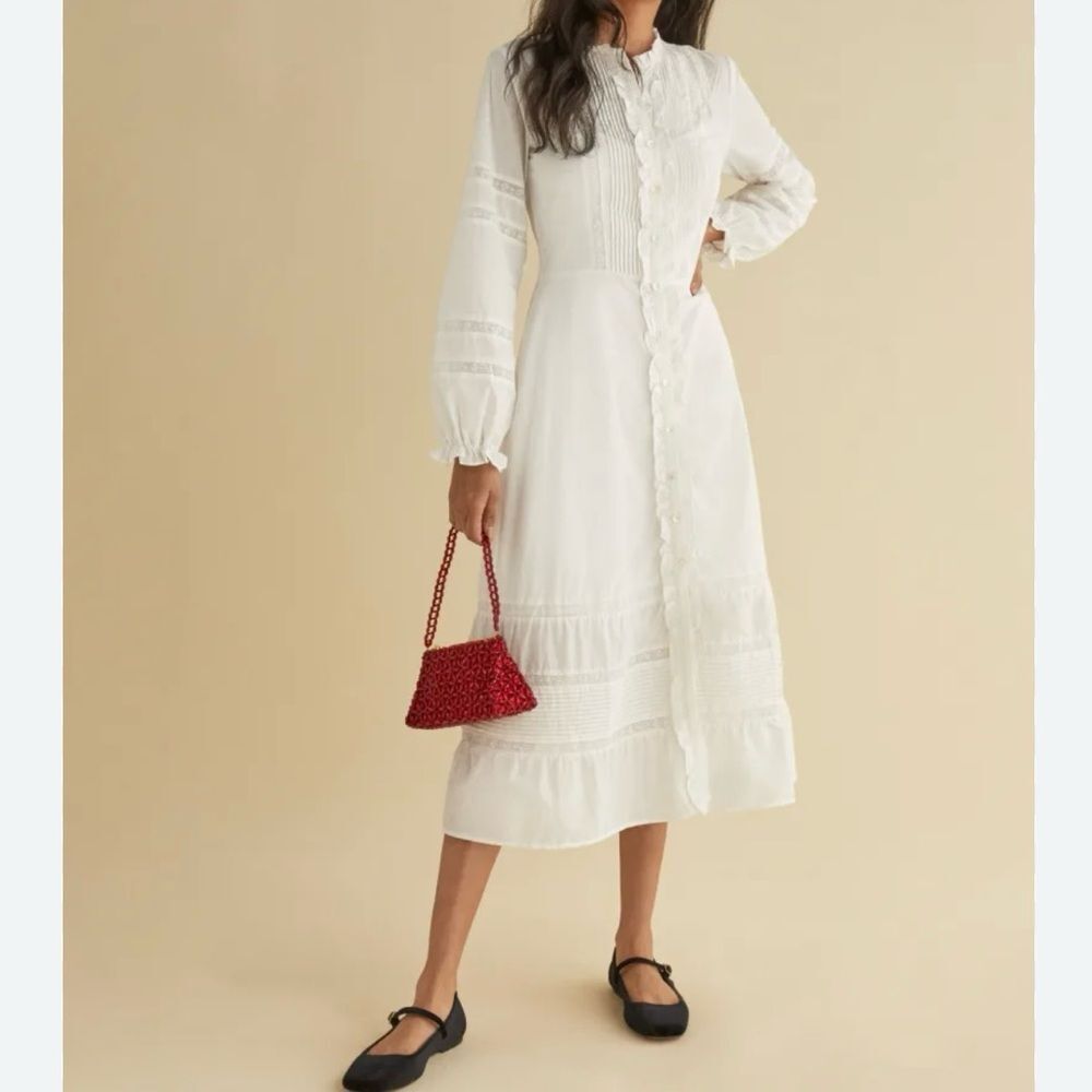 Reformation White Long Sleeve Midi Button-Front Dress